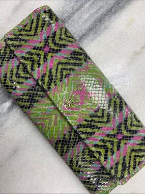 Women’s Snake-Embossed Foldover Wallet in Green & Pink